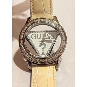 GUESS 25th Anniv Lg Watch Ivory Croc Leather Band Rhinestones Silver Tone Bling